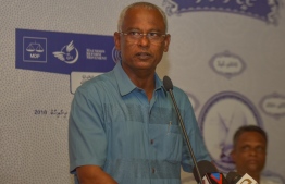 Opposition coalition presidential candidate Ibrahim Mohamed Solih speaking at a main opposition Maldivian Democratic Party (MDP) party hub in Noonu atoll.