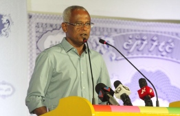 Opposition candidate Ibrahim Mohamed Solih (Ibu) speaking at a campaign gathering in Makunudhoo. PHOTO: MIHAARU