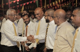 Opposition coalition's presidential candidate Mohamed Ibrahim Solih (Ibu) during his campaign visit to N.Miladhoo. PHOTO/MDP