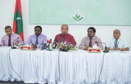 Members of the Election Commission speak to the press about the Presidential Election 2018. PHOTO: AHMED NISHAATH/MIHAARU