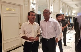 Then-presidential candidate and incumbent President Ibrahim Mohamed Solih (R) and former President Mohamed Nasheed in Sri Lanka prior to the Presidential Election held September 2018. PHOTO/MDP