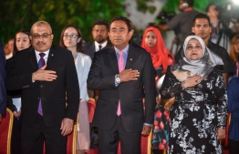 President Abdulla Yameen (C), First Lady Fathimath Ibrahim (R) and Vice President Abdulla Jihad at the opening ceremony of the Sinamale Bridge. PHOTO/MIHAARU