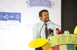 Member of Parliament for Fuvahmulah central constituency Ali Fazad speaking during an opposition coalition campaign gathering held in Haa Alif atoll Hoarafushi.