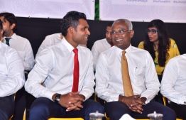 Opposition Presidential Candidate Ibrahim Mohamed Solih (Ibu) and running mate Faisal Naseem, attend the opposition gathering. PHOTO: MIHAARU