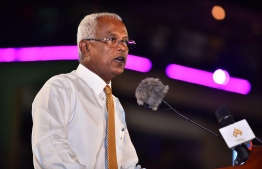 Opposition candidate Ibrahim Mohamed Solih (Ibu) addresses the gathering. PHOTO/MIHAARU