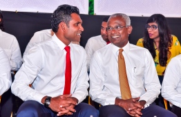 Current President-Elect Ibrahim Mohamed Solih (R) and his running mate Faisal Naseem during an opposition coalition gathering. PHOTO: NISHAN ALI/MIHAARU