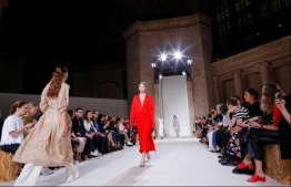 (FILES) In this file photo taken on September 10, 2017, models walk the runway for the Victoria Beckham SS18 show during New York Fashion Week in New York.
London Fashion Week opens on September 14, 2018, with all eyes on Victoria Beckham, who debuts at the event on the 10th anniversary of her label's launch, and on Burberry's new star designer Riccardo Tisci. The ex-Spice Girl, celebrating a decade since her brand's 2008 unveiling in New York, has since defied the naysayers and won the respect of her peers.
 / AFP PHOTO / EDUARDO MUNOZ ALVAREZ
