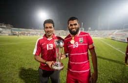 Dhaka, Bangladesh, September 15, 2018: The Maldives National Football Team celebrate winning the SAFF Suzuki Cup 2018, beating India 2-1 in the final. PHOTO/IMAGES.MV