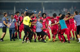 Dhaka, Bangladesh, September 15, 2018: The Maldives National Football Team celebrate winning the SAFF Suzuki Cup 2018, beating India 2-1 in the final. PHOTO/IMAGES.MV
