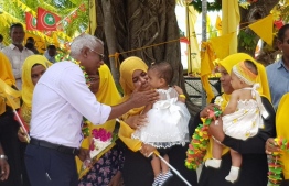 Opposition coalition presidential candidate Ibrahim Mohamed Solih (Ibu) during his campaign stop at M.Mulah. PHOTO/MDP