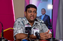 Minister of Fisheries and Agriculture Dr. Mohamed Shainee speaks at a press conference. PHOTO/MIHAARU