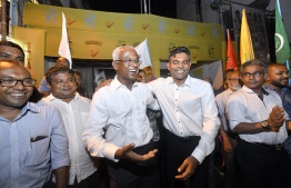 President-Elect Ibrahim Mohamed Solih and his running mate Faisal Naseem join the celebrations after a decisive victory in the Presidential Election 2018. PHOTO/MIHAARU