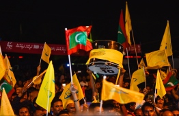 September 24, 2018: Supporters of the opposition coalition celebrate the victory of the new President-Elect Ibrahim Mohamed Solih after the Presidential Election 2018. PHOTO: HUSSAIN WAHEED/MIHAARU