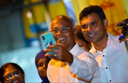 September 24, 2018: The new President-Elect Ibrahim Mohamed Solih and his running mate Faisal Naseem join the celebrations after winning the Presidential Election 2018. PHOTO: HUSSAIN WAHEED/MIHAARU