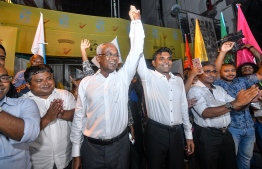 President-Elect Ibrahim Mohmed Solih and his running mate Faisal Naseem join the celebrations after their victory in the Presidential Election 2018. PHOTO: NISHAN ALI/MIHAARU
