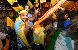 September 24, 2018: Supporters of the opposition coalition celebrate the victory of the new President-Elect Ibrahim Mohamed Solih after the Presidential Election 2018. PHOTO: NISHAN ALI/MIHAARU
