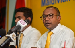 MDP Chairperson Hassan Latheef speaks at press conference held to mark the new President-Elect Ibrahim Mohamed Solih's victory in the Presidential Election 2018. PHOTO: AHMED NISHAATH/MIHAARU