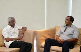 President-Elect Ibrahim Mohamed Solih (L) meets former MNDF Brigadier General Abdulla Shamaal, after the former's victory in the Presidential Election 2018. PHOTO/MDP