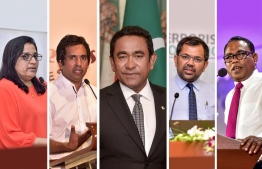 President Abdulla Yameen (C) was elected as PPM's leader, while Azima Shakoor, Economic Minister Mohamed Saeed, Tourism Minister Moosa Zameer and Abdul Raheem Abdulla were elected as deputy leaders during the PPM congress held September 28, 2018. PHOTO/MIHAARU