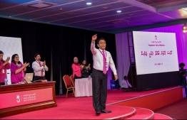 President Abdulla Yameen gestures at the closing ceremony of PPM Congress. PHOTO/MIHAARU