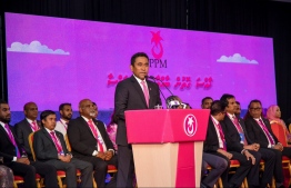 President Abdulla Yameen speaks at the closing ceremony of PPM Congress. PHOTO: HUSSAIN WAHEED/MIHAARU