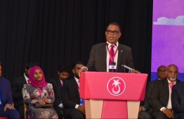 Interim President of People's National Congress (PNC) Abdul Raheem Abdulla speaking at the congress of Progressive Party of Maldives (PPM). PHOTO: PPM