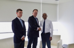 President Ibrahim Mohamed Solih with United Kingdom's Minister of State for the Foreign and Commonwealth Office, Mark Field (M) and UK Ambassador to Maldives Mark Dauris. PHOTO: MDP