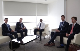 President-Elect Ibrahim Mohamed Solih (C) with United Kingdom's Minister of State for the Foreign and Commonwealth Office, Mark Field (L-2) and UK Ambassador to Maldives James Dauris (L). PHOTO: MDP