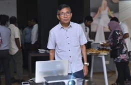 Rainbow's MD Ibrahim Rafeeg launches the company's new online store at the ceremony held to mark Rainbow Enterprises' 28th anniversary. PHOTO: AHMED NISHAATH/MIHAARU