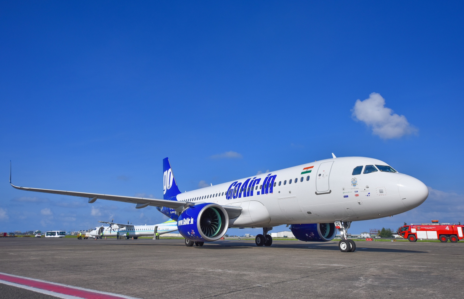 އިންޑިއާގެ ގޯއެއާގެ މަތިންދާބޯޓެއް ވެލާނާ އިންޓަނޭޝަނަލް އެއާޕޯޓަށް މިއަދު ޖައްސަނީ.---ފޮޓޯ: ހުސައިން ވަހީދު/މިހާރު