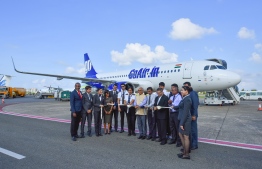The ribbon cutting ceremony held to inaugurate GoAir flights from India to Maldives. PHOTO: HUSSAIN WAHEED / MIHAARU