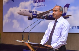 MACL's Managing Director Adil Moosa speaks after the inaugural flight of India's GoAir to Velana International Airport. PHOTO: HUSSAIN WAHEED/MIHAARU