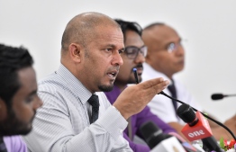 Elections Commission's President Ahmed Shareef speaks in first press conference held after the Supreme Court ruled to uphold the presidential election results. PHOTO: NISHAN ALI/MIHAARU