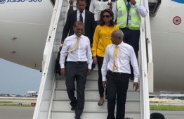 President Elect-Ibrahim Mohamed Solih, former President Mohamed Nasheed and his wife Laila Ali arriving in Maldives. PHOTO: MOHAMED ABDULLA SHAFEEG