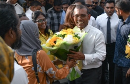 November 1, 2018, Male City: Former President Mohamed Nasheed received at the capital, upon his return to Maldives after 3 years. PHOTO: NISHAN ALI/MIHAARU