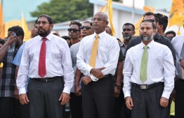 November 1, 2018, Male City: President-Elect Ibrahim Mohamed Solih (C), and opposition coalition leaders Qasim Ibrahim (L) and Sheikh Imran Abdulla at the celebrations held to welcome former President Mohamed Nasheed upon his return to Maldives after 3 years. PHOTO: NISHAN ALI/MIHAARU