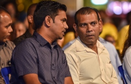 Mohamed Nasheed (R) and Mohamed Shifaz, who were elected as Maldivian Democratic Party (MDP)'s President and Vice President, respectively, in the party's Leadership Election held on November 22. PHOTO: MIHAARU FILES