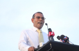 Former President Mohamed Nasheed speaks to the public during his visit to Addu City. PHOTO/MDP