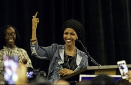 Ilhan Omar, newly elected to the U.S. House of Representatives on the Democratic ticket, speaks to a group of supporters in Minneapolis, Minnesota on November 6, 2018. US voters elected two Muslim women, both Democrats, to Congress on November 6, 2018, marking a historic first in a country where anti-Muslim rhetoric has been on the rise, American networks reported. Ilhan Omar, a Somali refugee, won a House seat in a heavily-Democratic district in the Midwestern state of Minnesota, where she will succeed Keith Ellison, himself the first Muslim elected to Congress. Kerem Yucel / AFP (AFP/Kerem Yucel)