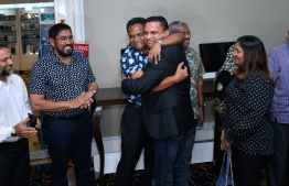 Former Minister of Defence and Security embracing his brother during his arrival in Velana International Airport (VIA). PHOTO: AHMED NISHAATH/MIHAARU