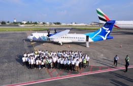 The arrival of the first aircraft of Manta Air at Velana International airport. PHOTO: AHMED NISHAATH/MIHAARU