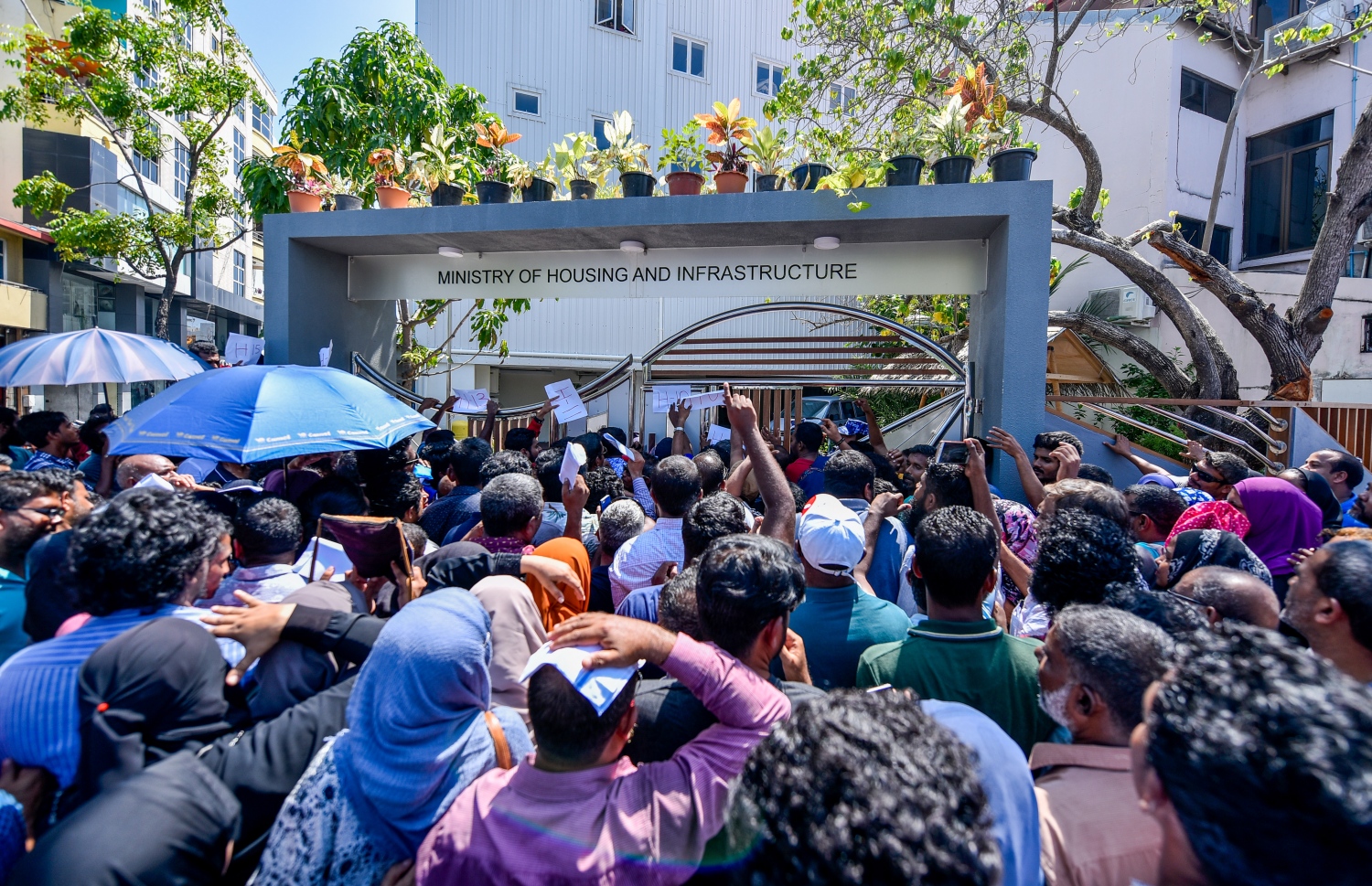 ކުރީގެ ސަރުކާރުގައި ކުރިއަށް ގެންދިޔަ ހިޔާ މަޝްރޫއުން ފްލެޓް ލިބުނު ކަމުގެ ލިއުން ހޯދަން ހައުސިން މިނިސްޓްރީގެ ބޭރުގައި ބަޔަކު ކިޔޫ ޖެހިގެން: ތިން މަޝްރޫއަކުން ފްލެޓް ދިން ގޮތް ބަލަން މި ސަރުކާރުން ވަނީ ކޮމެޓީއެއް އެކުލަވާލާފައި. --ފޮޓޯ/މިހާރު