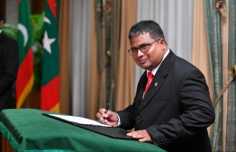 Environment Minister at the oath-taking ceremony of the cabinet. PHOTO: HUSSAIN WAHEED / MIHAARU