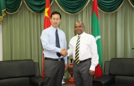The Chinese Ambassador to Maldives Zhang Lizhong meeting Minister of Foreign Affairs Abdulla Shahid. PHOTO: FOREIGN MIN