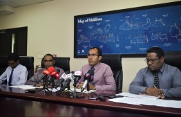 Minister of Communication, Science and Technology Maleeh Jamaal speaking at a press conference. PHOTO: AHMED NISHAATH/MIHAARU