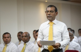 Former president Mohamed Nasheed addresses MDP's national congress on Saturday. PHOTO: NISHAN ALI/MIHAARU