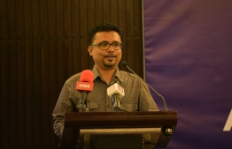 The newly elected President of the Maldives Association of Travel Agents and Tour Operators (MATATO)  Abdulla Suoodh, speaking at the association's Annual General Meeting. PHOTO: AHMED NISHAATH/MIHAARU
