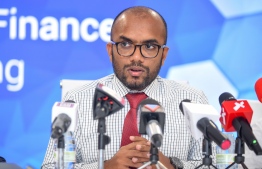 Minister of Finance Ibrahim Ameer issuing a press release on December 3, 2019. PHOTO: AHMED NISHAATH/MIHAARU.