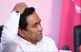 Former President Abdulla Yameen Abdul Gayoom during the press briefing after the ceremony to distribute Progressive Party of Maldives' electoral tickets for the upcoming parliamentary elections. PHOTO: HUSSAIN WAHEED/MIHAARU