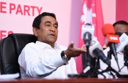Former President Abdulla Yameen speaks at PPM press conference. PHOTO/MIHAARU